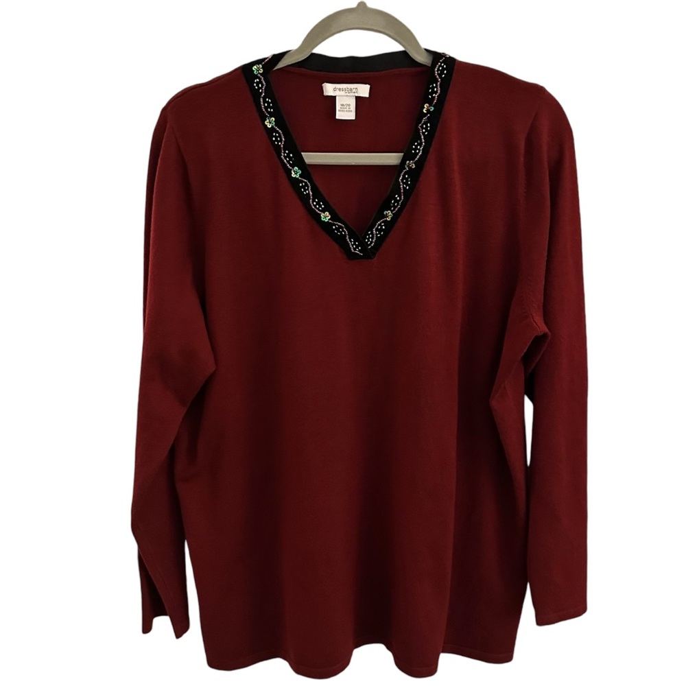dressbarn Dark Red Sweater with Bead and Sequin Velvet V-Neckline Size 18/20